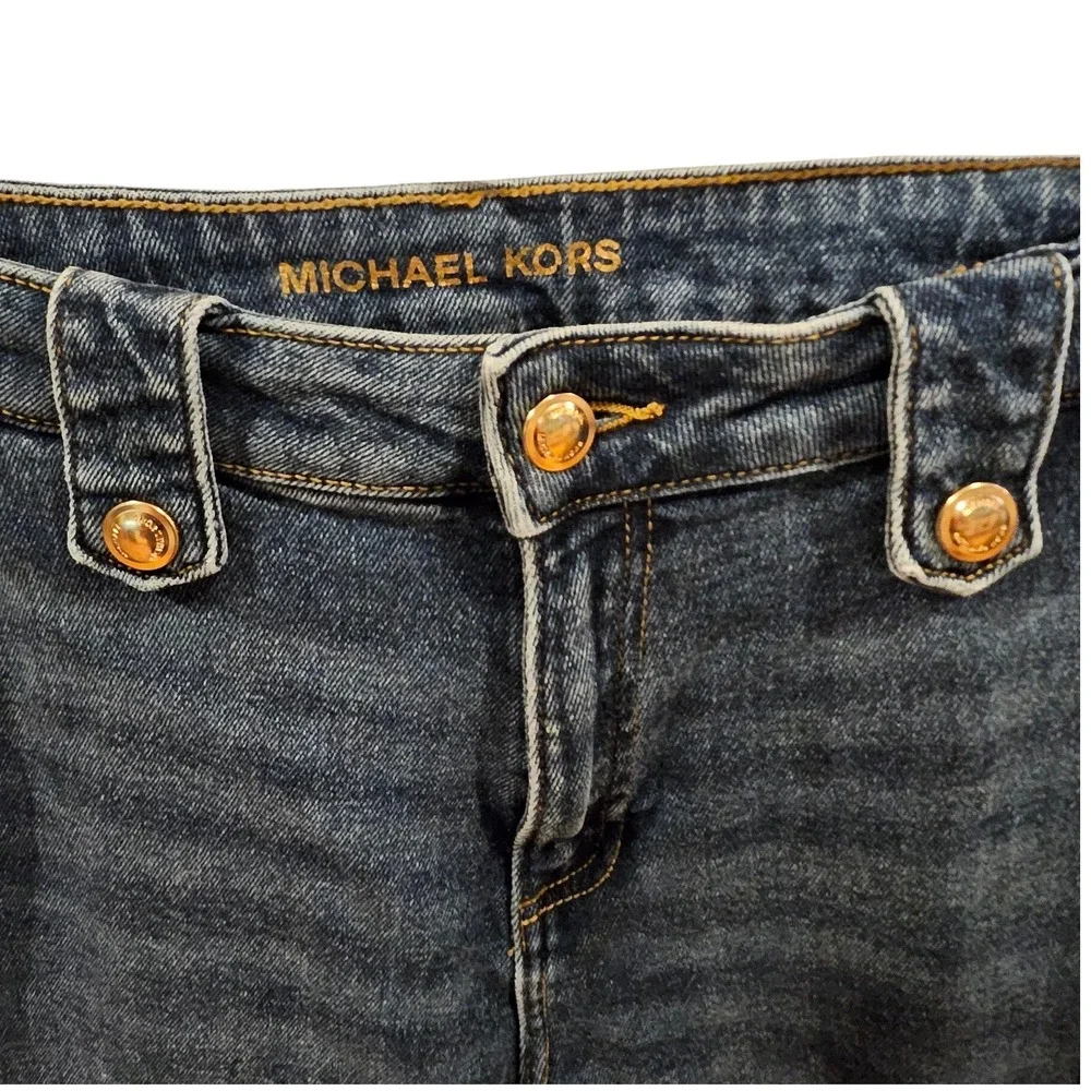 Michael Kors Womens Dark Wash Flare Jeans Gold‎ Button Wide Leg High Rise Size 8